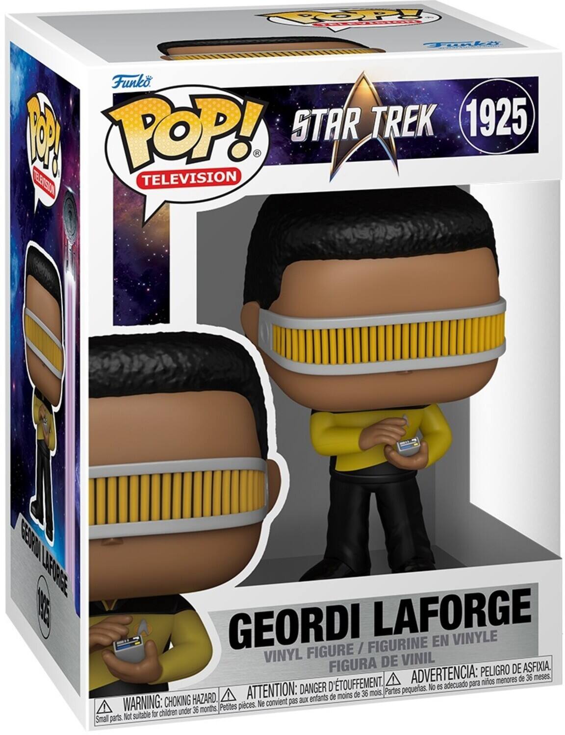 POPS  
Funko POP! STAR TREK 1925 TELEVISION  
UNRIED AFORGE 100% GEORDI LAFORGE FIGURINE EN VINYLE FIGURE / VINYL DE VINIL FIGURA DE VINIL  
ADVERTENCIA: PELIGRO DE ASFIXIA, ! menores de 36 meses. D'TOUFFEMENT. adecuado para niños ATTENTION: DANGER petites. No es de menos de 36 mois. Partes, CHOKING HAZARD. convient pas XUS enfants WARNING: children under 36 months, Petites pices. Ne Not suitable for Small parts.