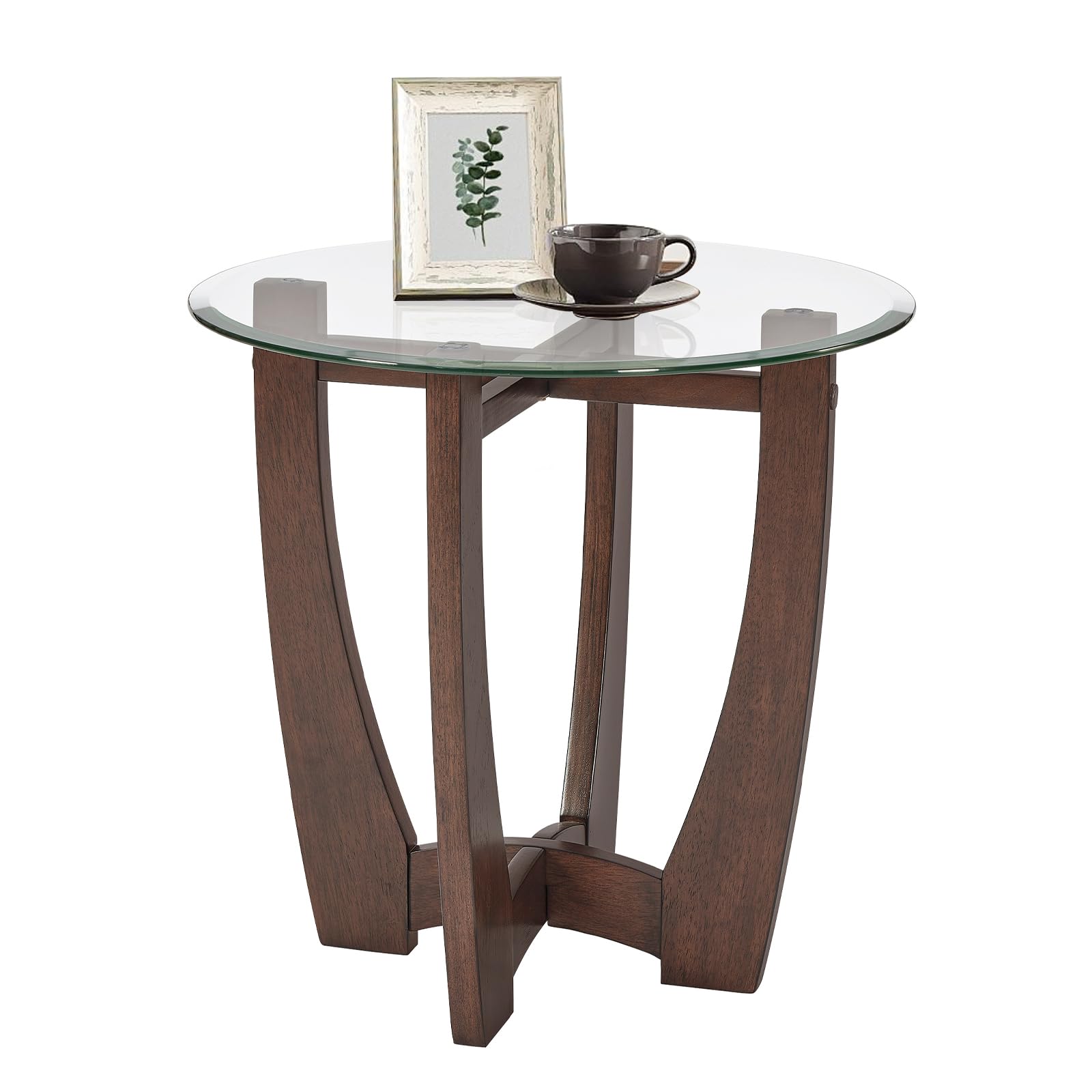 Front. Ecooso - Round Glass Coffee Table 23.5", Small Center Table with Wood Base for Living Room or Office - Cherry.