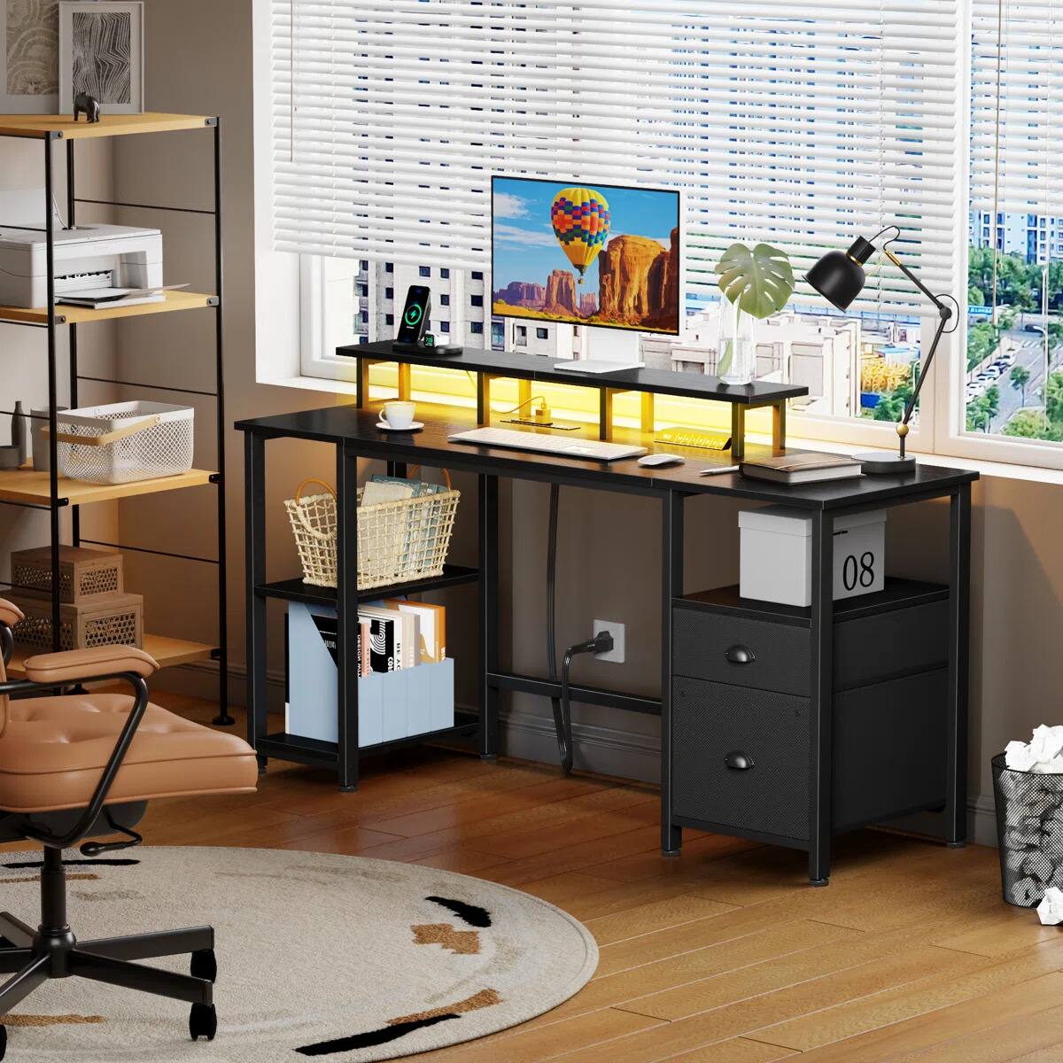 Alt View 2. Furnulem - 61 In Computer Desk With Led Lights And Power Outlets Gaming Desk With Monitor Stand for Home Office Writing Desk - Black.