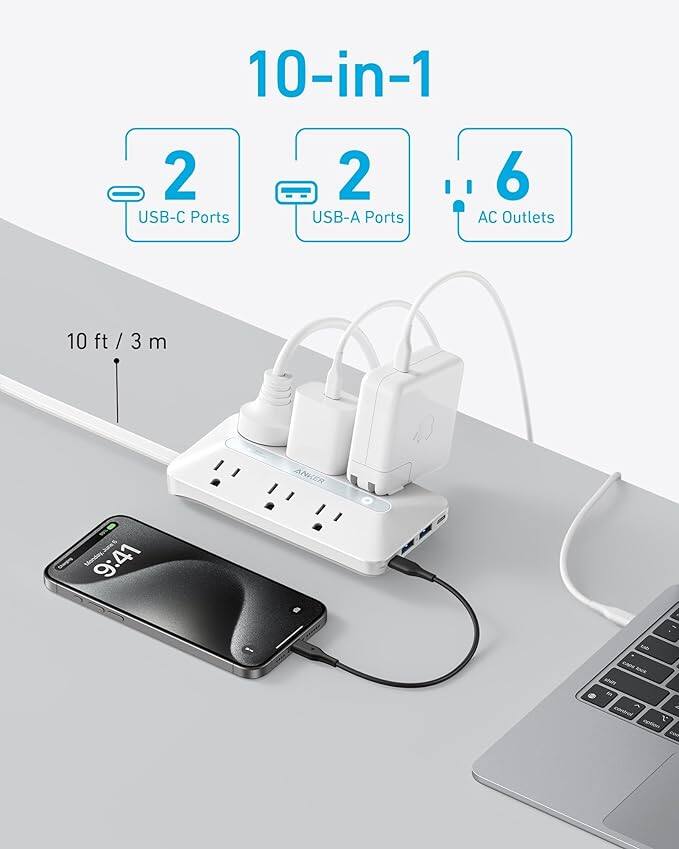 10-in-1  
2 USB-C Ports  
2 USB-A Ports  
6 AC Outlets  
10 ft / 3 m  

ANKER  

Monday 9:41