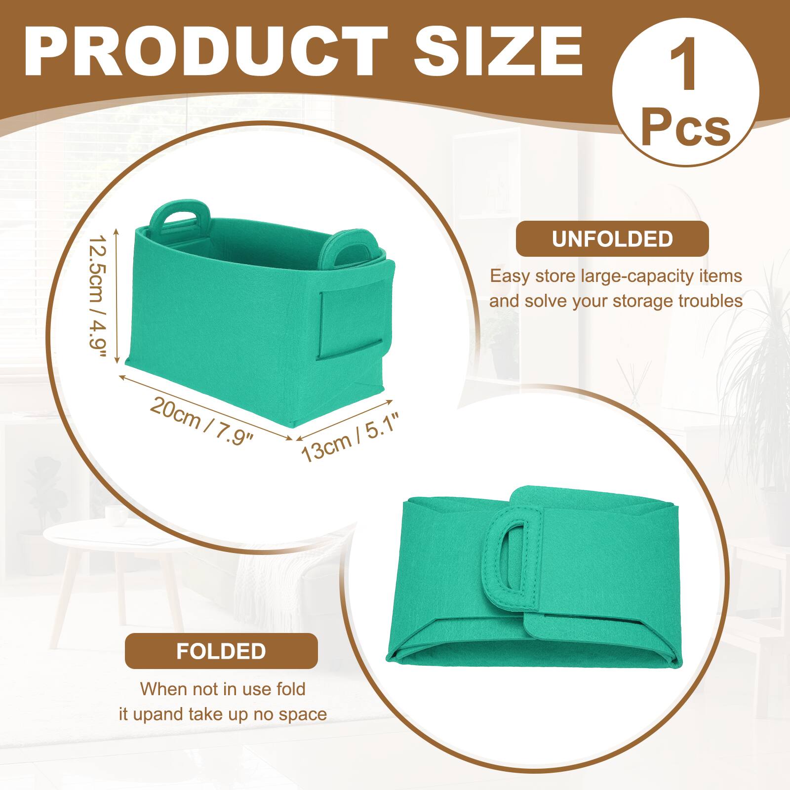 PRODUCT SIZE  
1 Pcs  
12.5cm / 4.9"  
20cm / 7.9"  
13cm / 5.1"  

UNFOLDED  
Easy store large-capacity items and solve your storage troubles  

FOLDED  
When not in use fold it up and take up no space