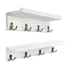 Oumilen - 2 Pack Gray Wood Floating Wall Shelf with 4 Antique Double Prong Hooks - White