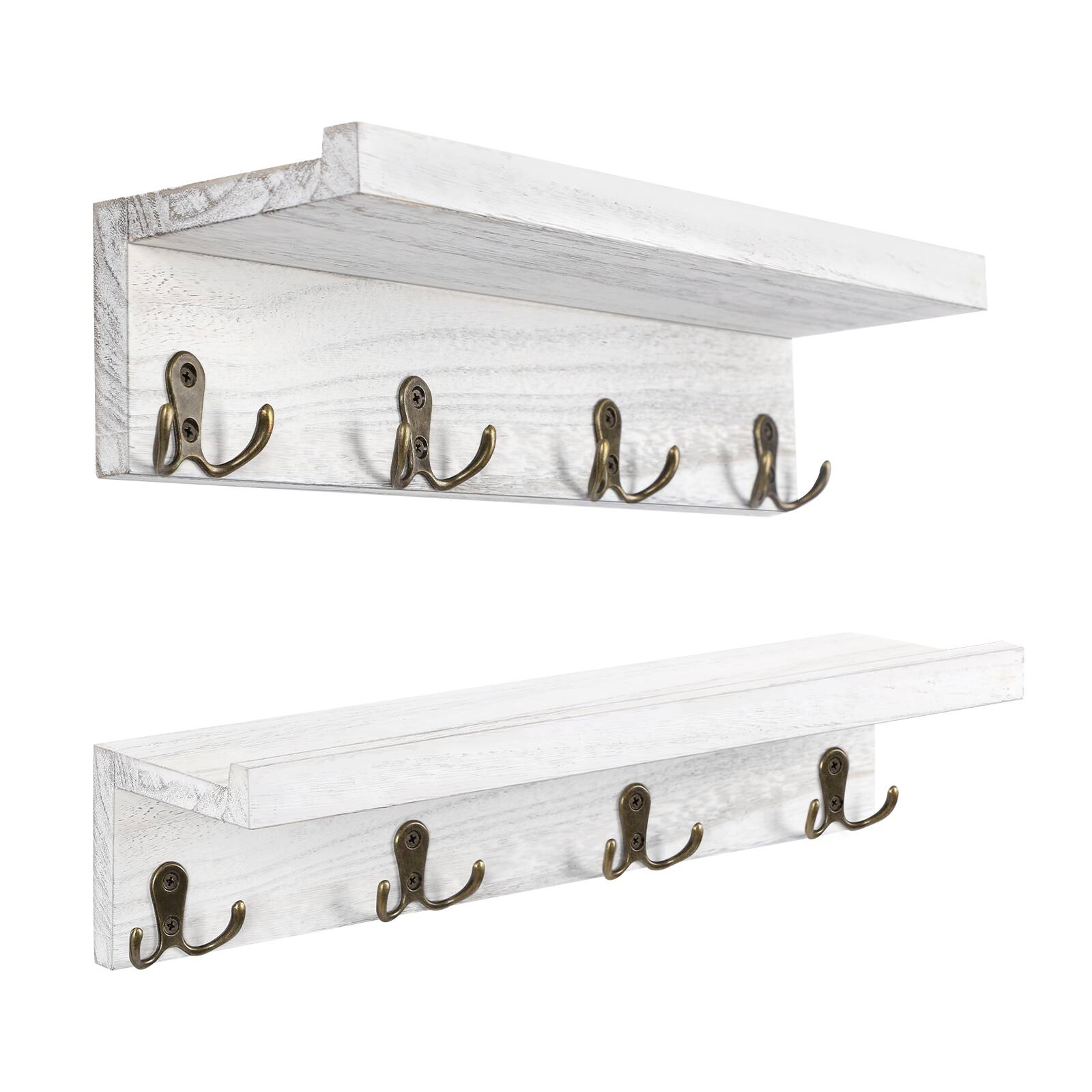 Front. Oumilen - 2 Pack Gray Wood Floating Wall Shelf with 4 Antique Double Prong Hooks - White.