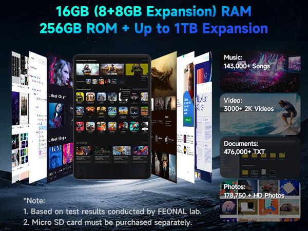 16GB (8+8GB Expansion) RAM 256GB ROM + Up to 1TB Expansion Music: 143,000+ Songs Video: 3000+ 2K Videos Documents: 476,000+ TXT Photos: 178,750 + HD Photos *Note: 1. Based on test results conducted by FEONAL lab. 2. Micro SD card must be purchased separately.