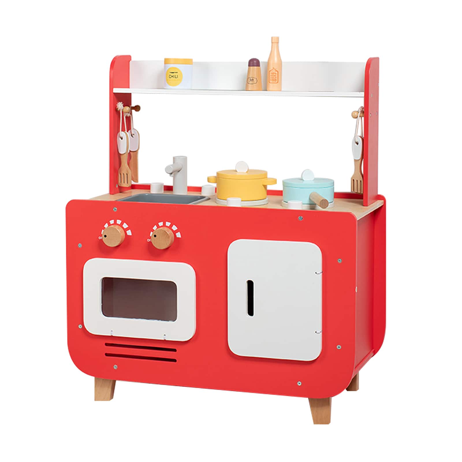 Topteng - Play Kitchen Set for Kids - with Washing Machine & Oven, Wooden Pretend Toy for Imaginative Play, Gift for Toddler Red