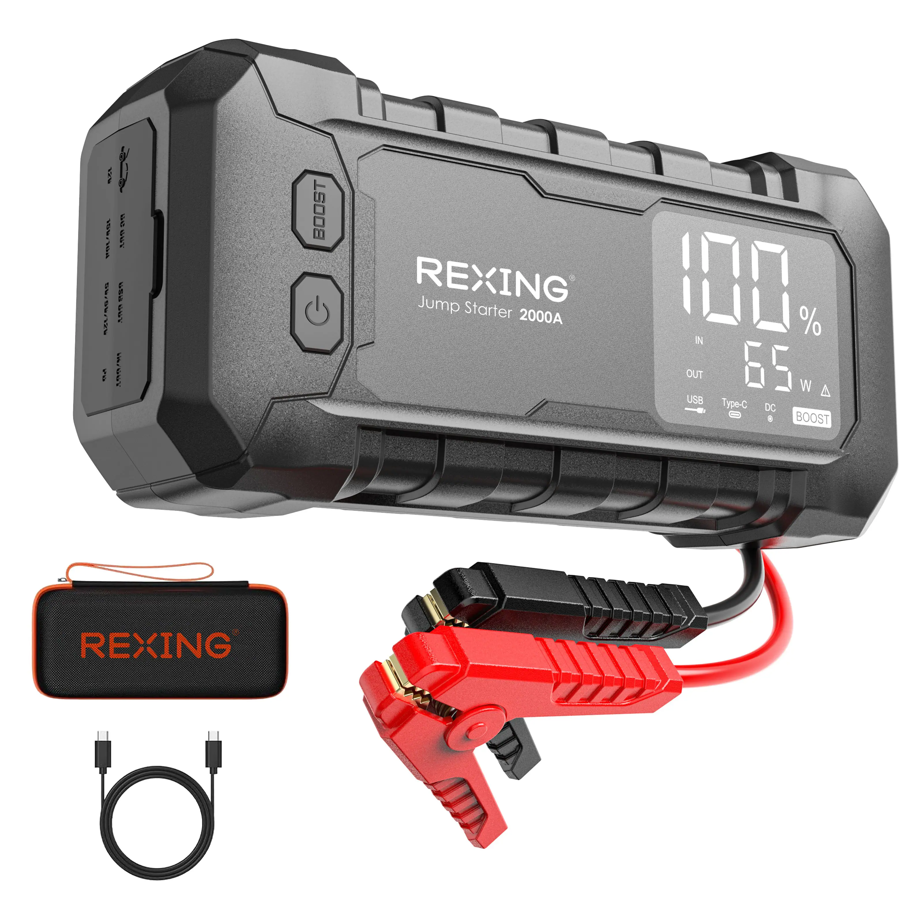 REXING
Jump Starter 2000A
BOOST
100%
65 W
IN
OUT
USB
Type-C
DC
BOOST
REXING