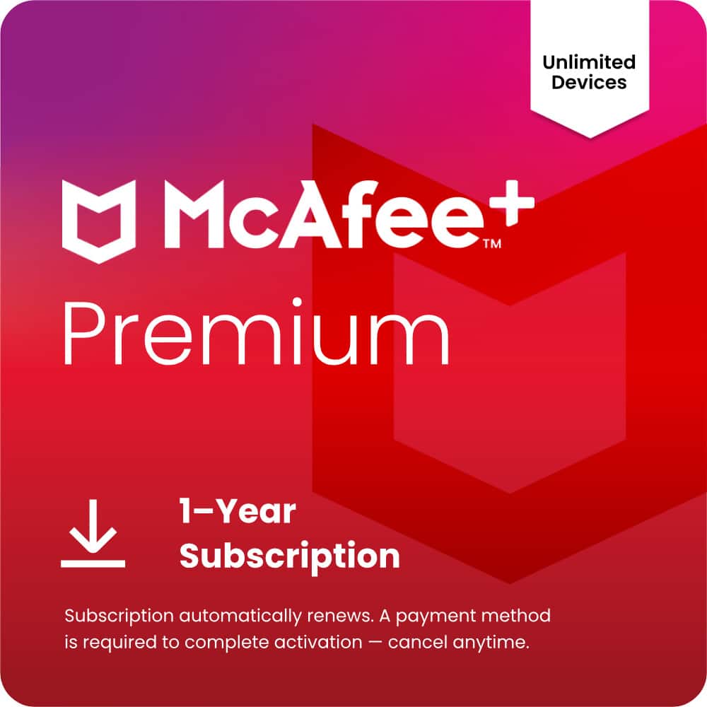Unlimited Devices Mcafee TM Premium 1-Year Subscription. Subscription automatically renews. A payment method is required to complete activation - cancel anytime.