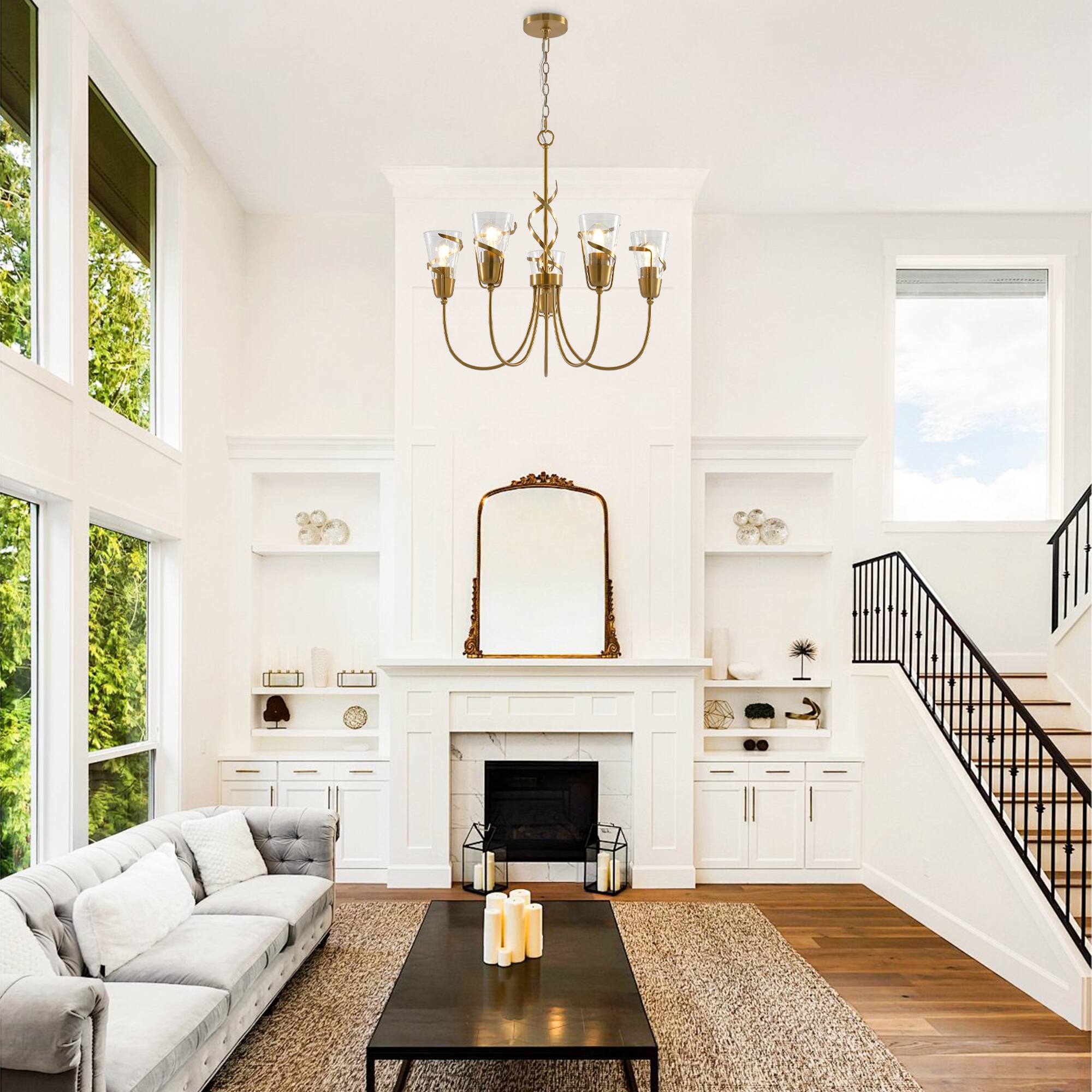 Angle. Parrot Uncle - 26” 5-Light Gold Chandelier with Glass Shade - Gold.