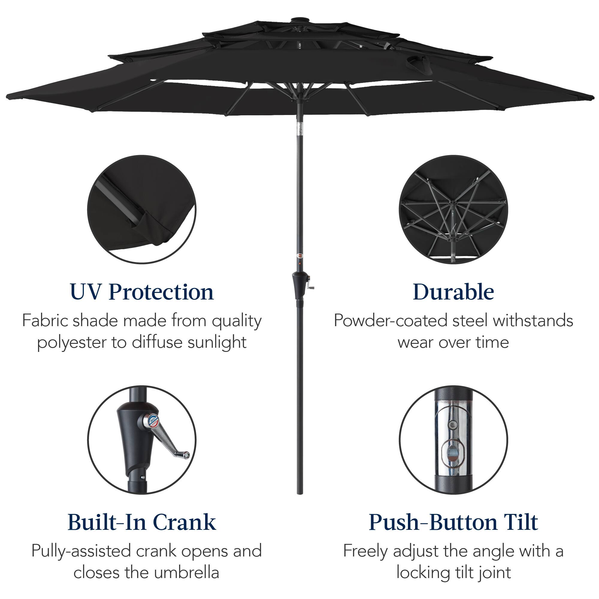 UV Protection Fabric shade made from quality polyester to diffuse sunlight. Durable Powder-coated steel withstands wear over time. Built-In Crank: Pulley-assisted crank opens and closes the umbrella. Push-Button Tilt: Freely adjust the angle with a locking tilt joint.
