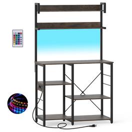 Gymax - Hutch Bakers Rack w/LED Light 2 Anti-toppling Kits Charging Station for Kitchen Rustic - Brown