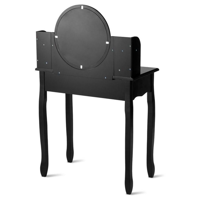 Alt View 2. WELLFOR - Makeup Vanity Set with 360° Pivoted Round Mirror & Stool, Vintage Vanity Table and Cushioned Stool Set - Black.