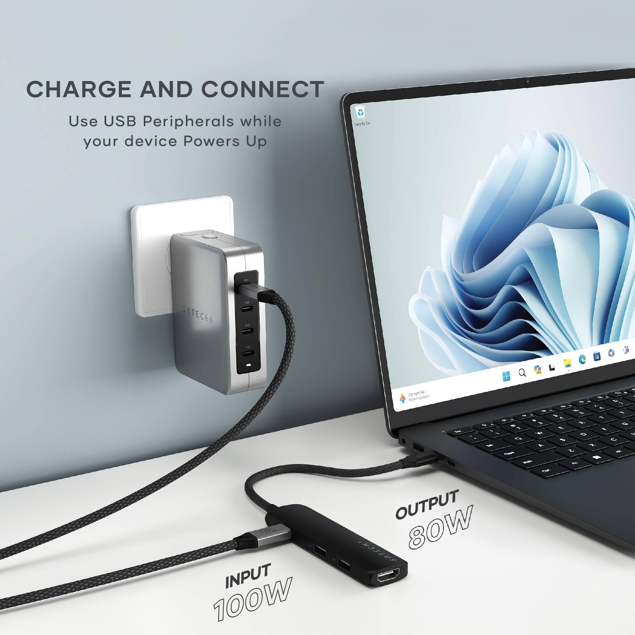 CHARGE AND CONNECT  
Use USB Peripherals while your device Powers Up  

INPUT 100W  
OUTPUT 80W