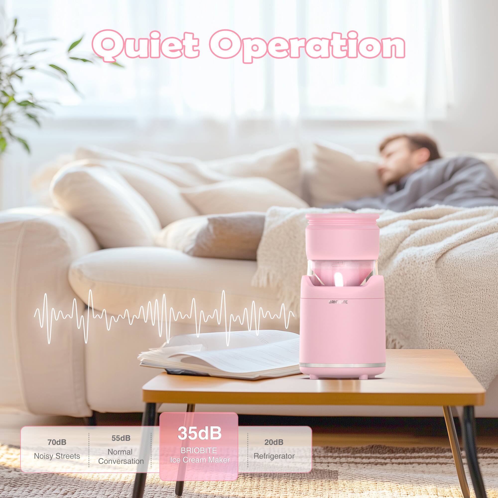Quiet Operation

70dB Noisy Streets  
55dB Normal Conversation  
35dB BRIOBITE Ice Cream Maker  
20dB Refrigerator