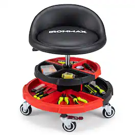 Costway - Ironmax 360° Rolling Mechanic Stool with 2 Tool Storage Trays, Backrest, Lockable Wheels two-tier - Red 2 Trays