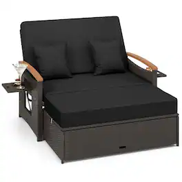 Costway - Patio Rattan Daybed Set with Cushioned Loveseat & Storage Ottoman for Porch - Black + Mix Brown