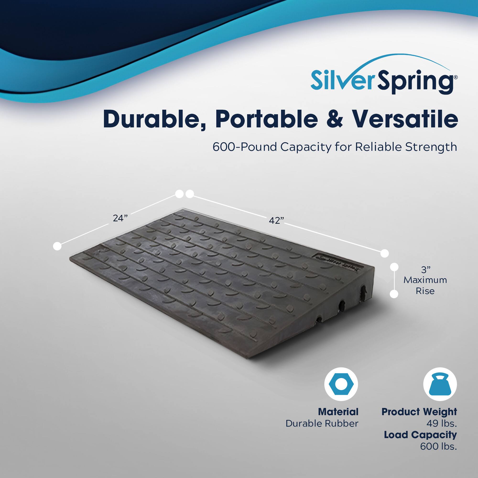 Silver Spring  
Durable, Portable & Versatile  
600-Pound Capacity for Reliable Strength  

24" x 42"  
3" Maximum Rise  

Material: Durable Rubber  
Product Weight: 49 lbs.  
Load Capacity: 600 lbs.