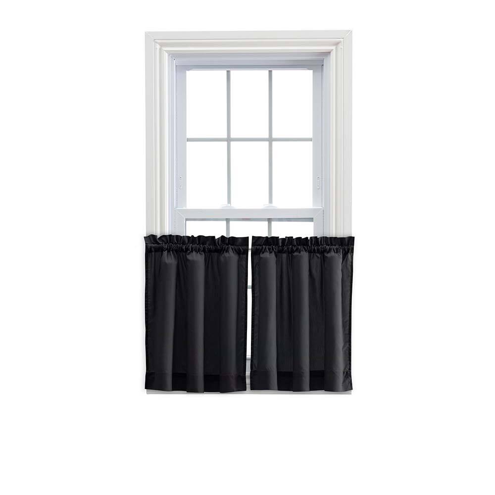 Front. Ellis Curtain - Ellis Stacey Solid Color Window 1.5" Rod Pocket High Quality Fabric Tailored Tier Pair 56"x30" Black - Black.