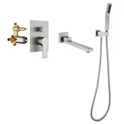 Front. Boyel Living - Brushed Nickel Wall Mount Bathtub Faucet Brass 2-Function Valve 180° Rotating Spout Handheld 60-Inch Hose cUPC - Brushed Nickel.