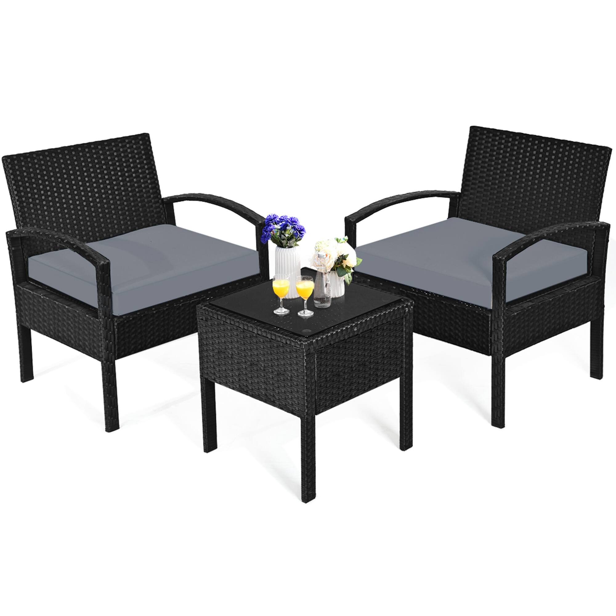 Alt View 9. Gymax - Gymax 3PCS Patio Rattan Conversation Furniture Set Outdoor Yard w/ Grey Cushions - Black.