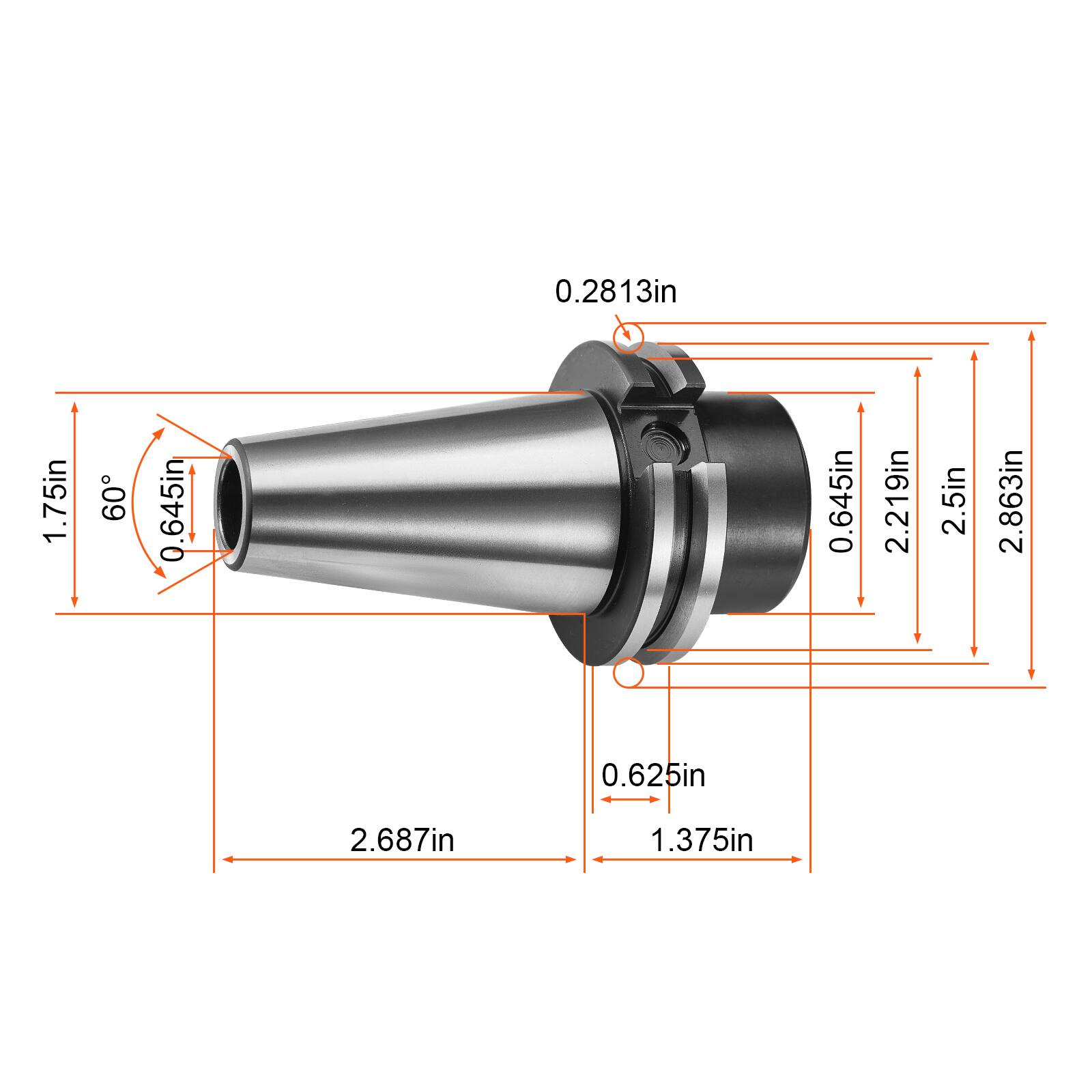 - 0.2813in
- 1.75in
- 60°
- 0.645in
- 0.645in
- 2.219in
- 2.5in
- 2.863in
- 0.625in
- 2.687in
- 1.375in