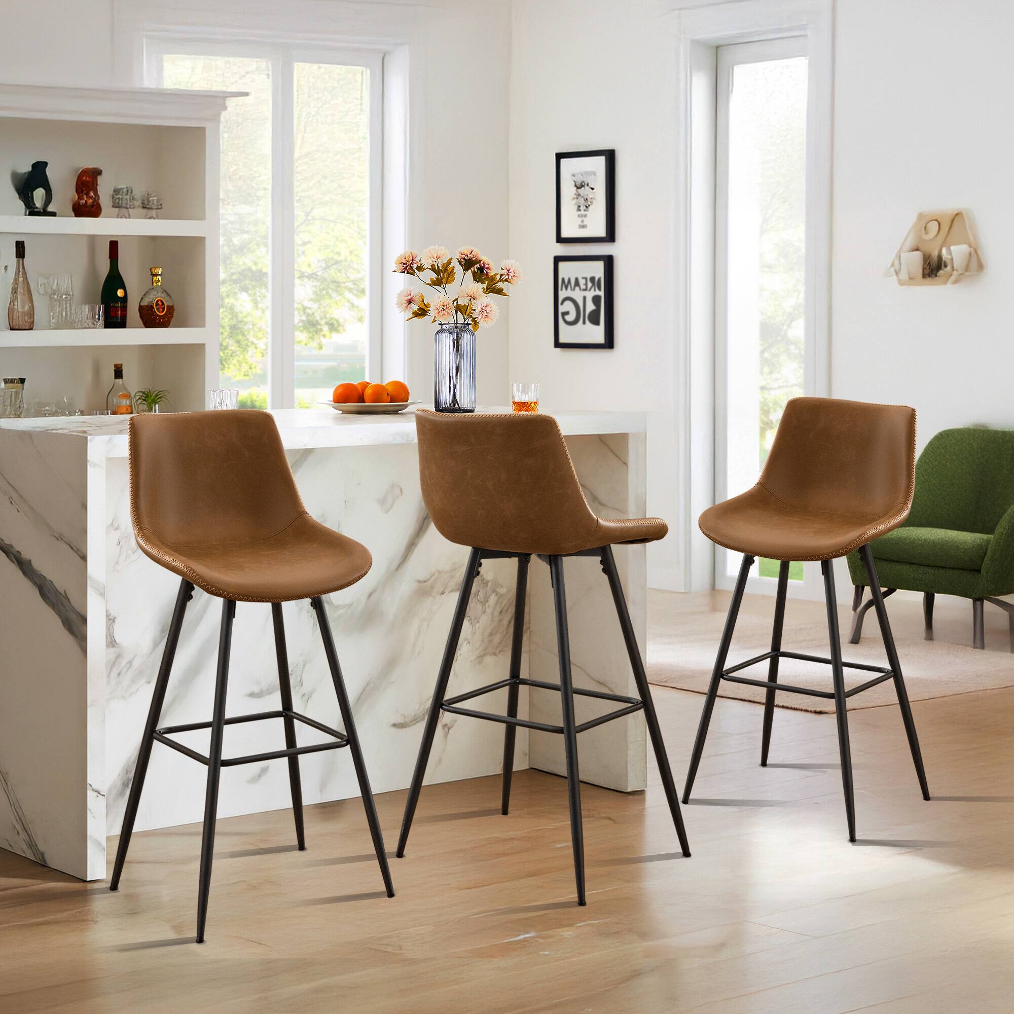Alt View 4. KERDOM - 24/28'' H Bar Stools Set of 3, Waterproof PU Leather Armless Kitchen Island High Chair Counter Stool, Rubber Foot Pad - Brown - 28‘’ Height.