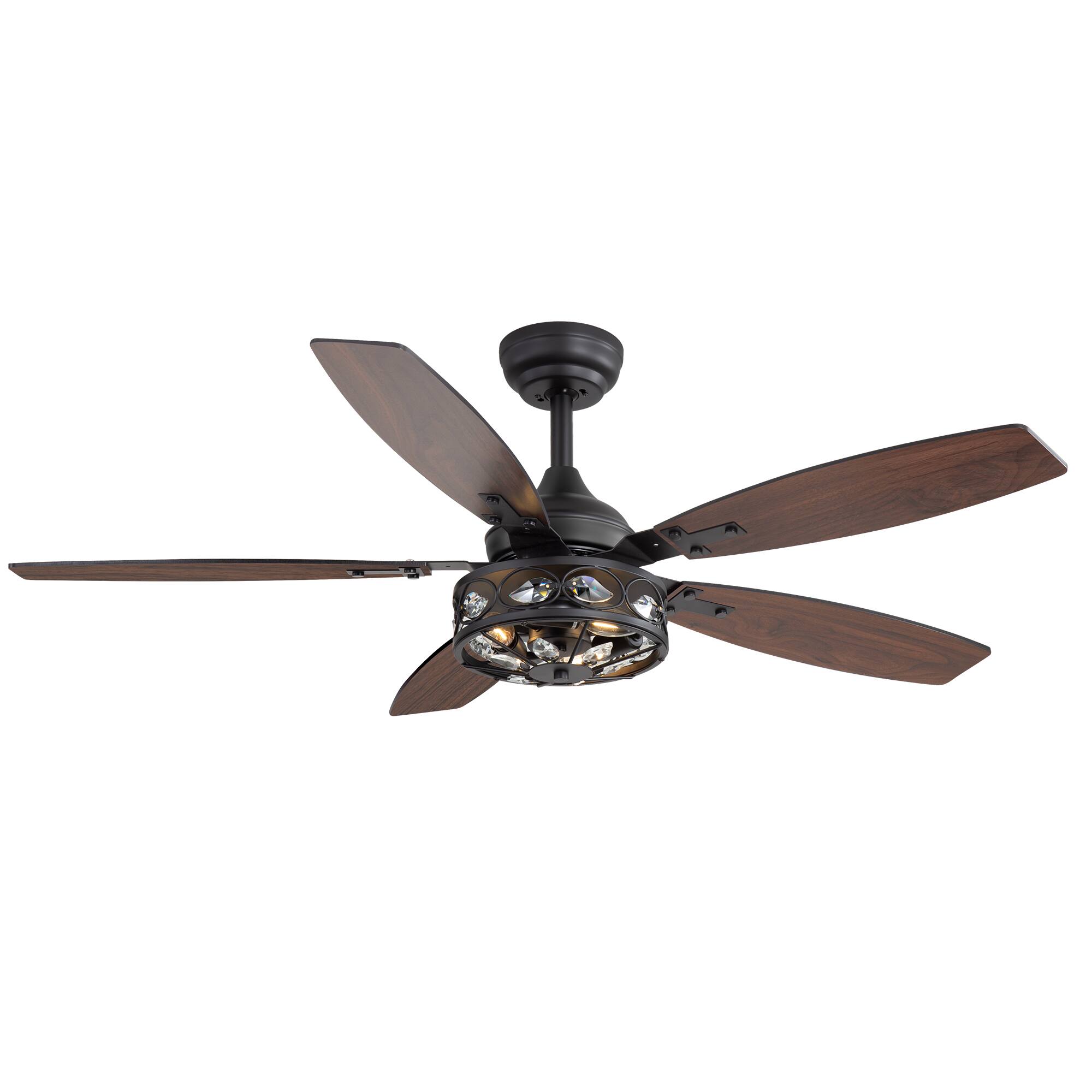 Angle. Breezary - 48" Industrial Ceiling Fan with 5 Dual-Finish Plywood Blades,  6 Speeds, DC Motor, Remote Control with Timer - Matte Black and Dark Wood Grain.