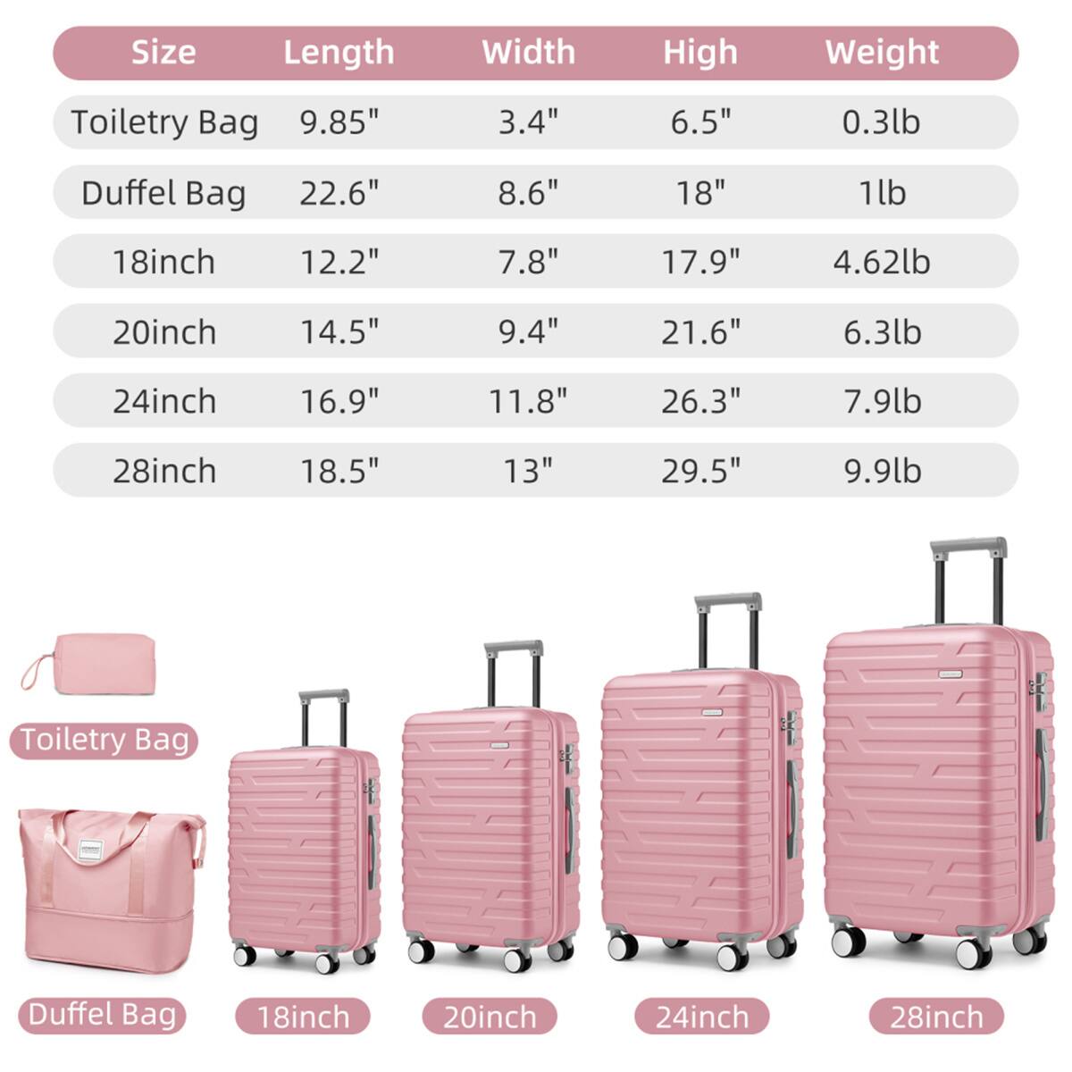 Toiletry Bag  
- Length: 9.85"  
- Width: 3.4"  
- Height: 6.5"  
- Weight: 0.3lb  

Duffel Bag  
- Length: 22.6"  
- Width: 8.6"  
- Height: 18"  
- Weight: 1lb  

18inch  
- Length: 12.2"  
- Width: 7.8"  
- Height: 17.9"  
- Weight: 4.62lb  

20inch  
- Length: 14.5"  
- Width: 9.4"  
- Height: 21.6"  
- Weight: 6.3lb  

24inch  
- Length: 16.9"  
- Width: 11.8"  
- Height: 26.3"  
- Weight: 7.9lb  

28inch  
- Length: 18.5"  
- Width: 13"  
- Height: 29.5"  
- Weight: 9.9lb