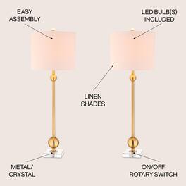 Jonathan Y - Hollis 34 in. Metal LED Table Lamp, with Crystal Base (Set of 2) - Brass