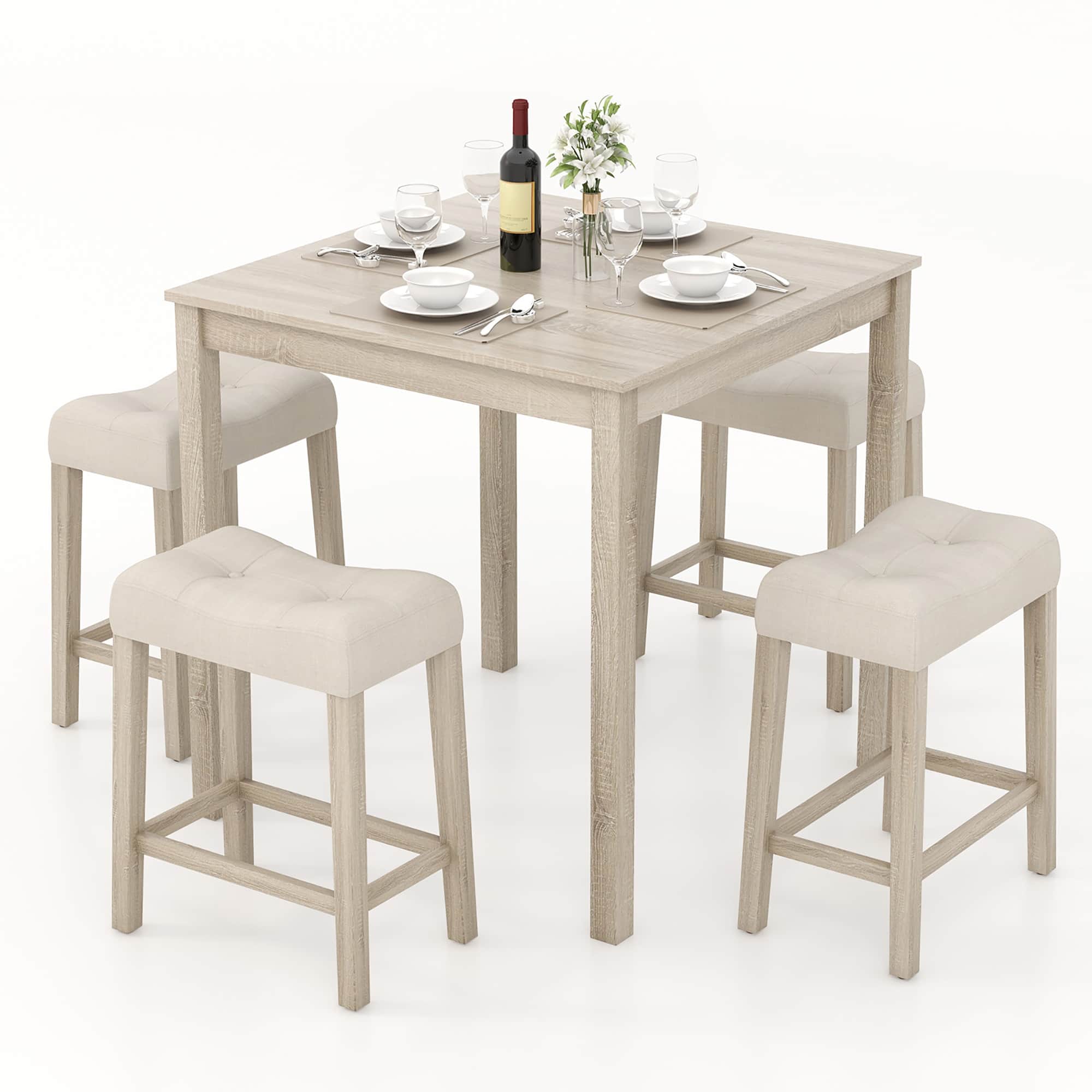 Gymax - 5 PCS Square Bar Table Set for 4 w/ Padded Stools Rubber Wood Legs for Kitchen - Gray