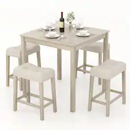 Gymax - 5 PCS Square Bar Table Set for 4 w/ Padded Stools Rubber Wood Legs for Kitchen - Gray