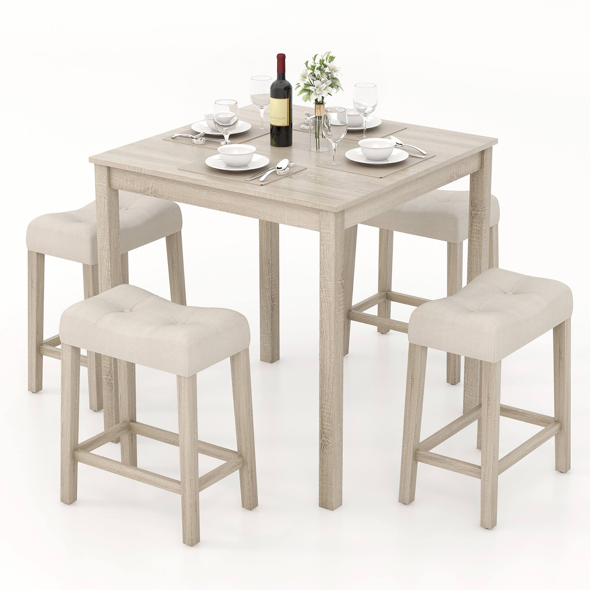 Front. Gymax - Gymax 5 PCS Square Bar Table Set for 4 w/ Padded Stools Rubber Wood Legs for Kitchen - Gray.