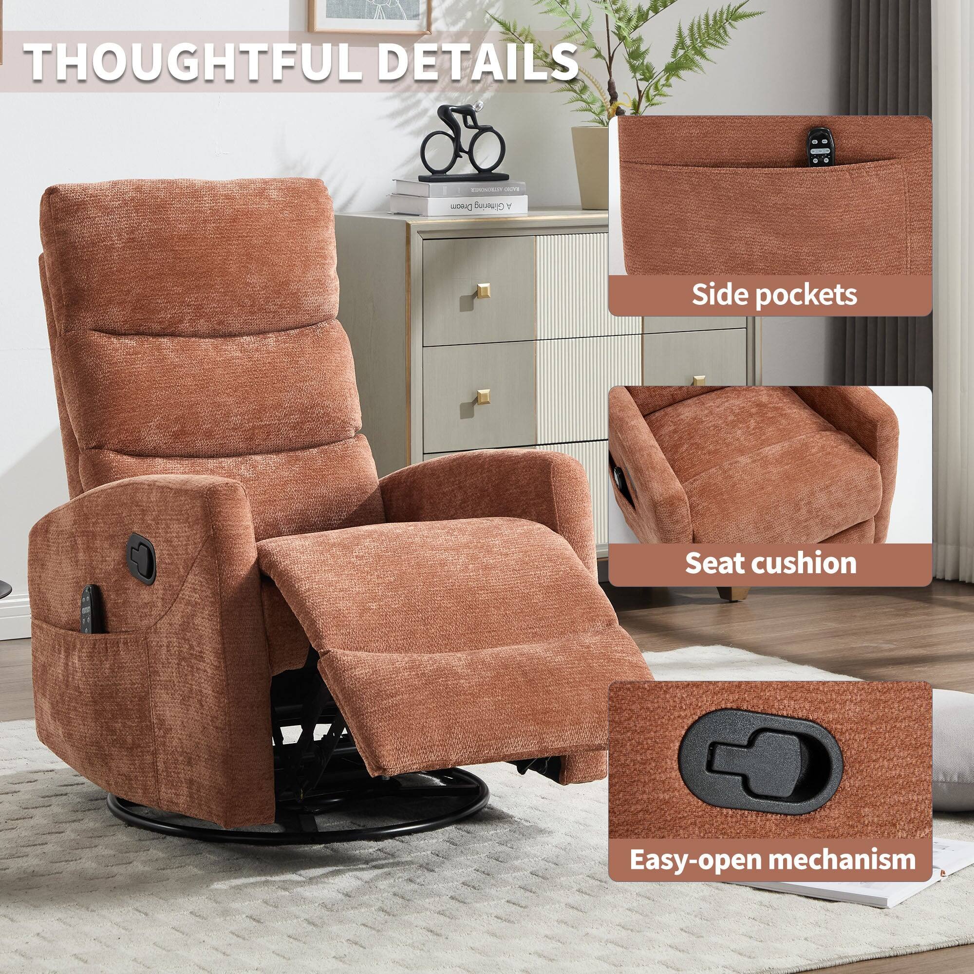THOUGHTFUL DETAILS

- Side pockets
- Seat cushion
- Easy-open mechanism