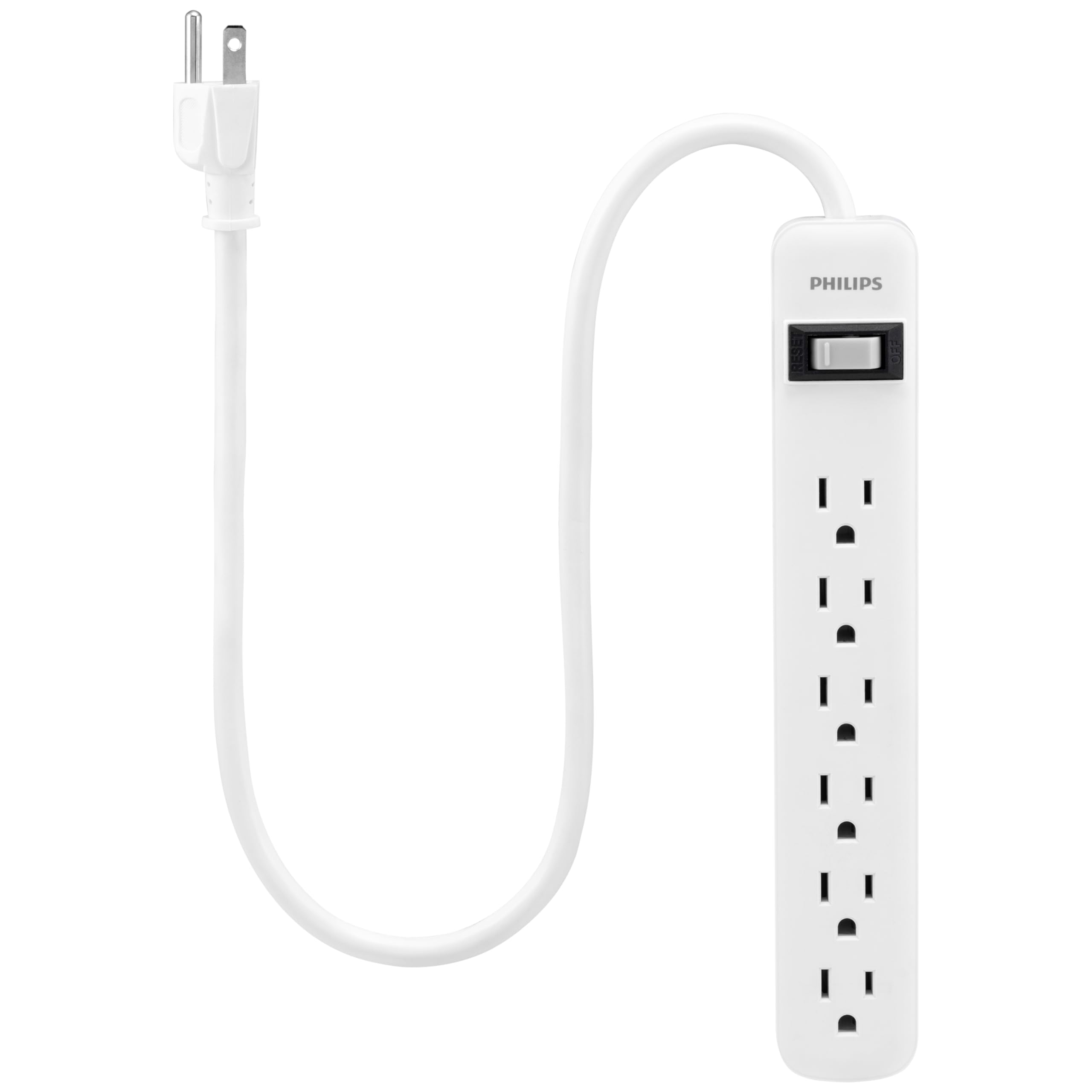 Angle. Philips - Philips 6-Outlet Surge Protector with 2ft Extension Cord, White: 450 Joules Rating - White.