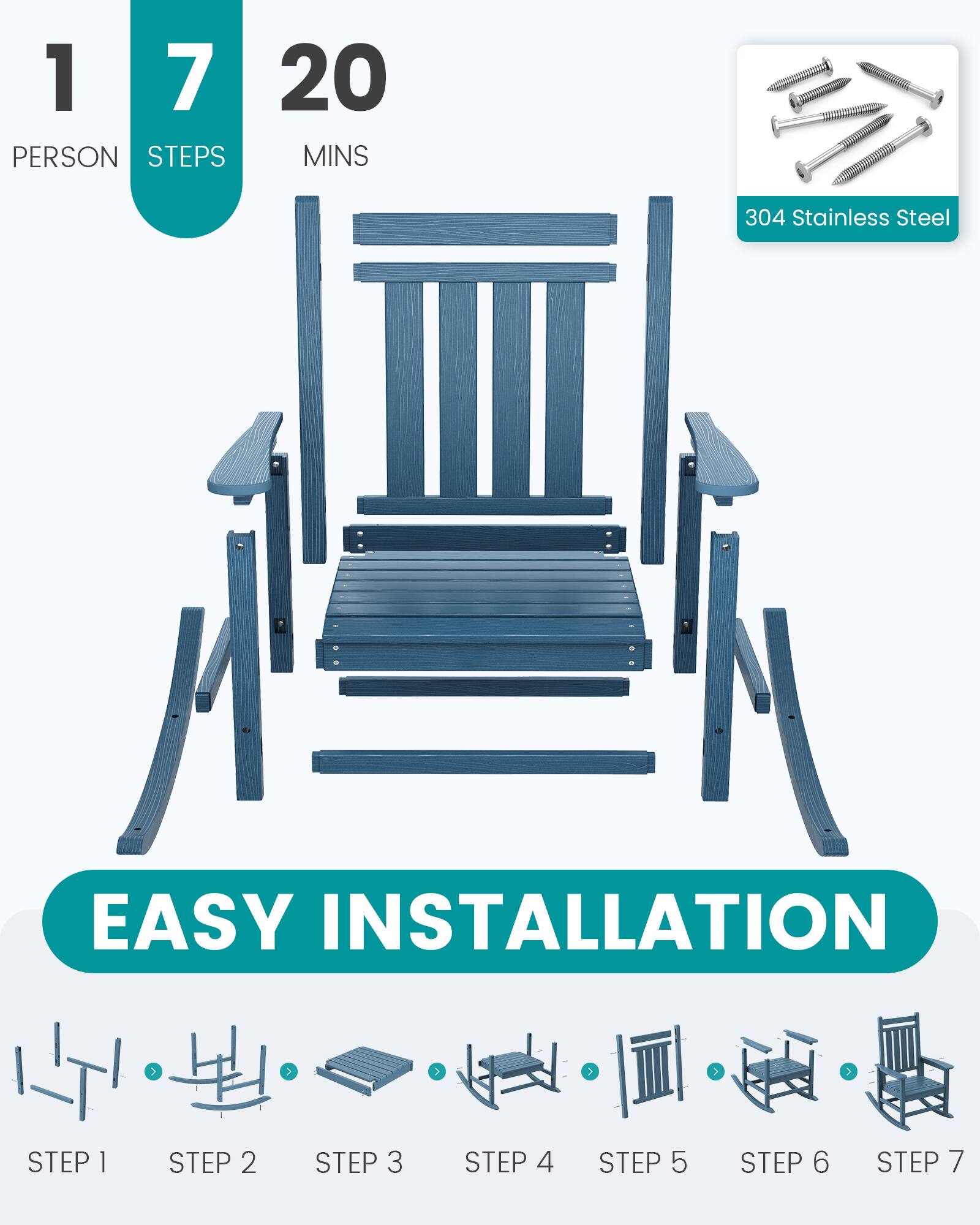 1 PERSON  
7 STEPS  
20 MINS  

304 Stainless Steel  

EASY INSTALLATION  

STEP 1  
STEP 2  
STEP 3  
STEP 4  
STEP 5  
STEP 6  
STEP 7