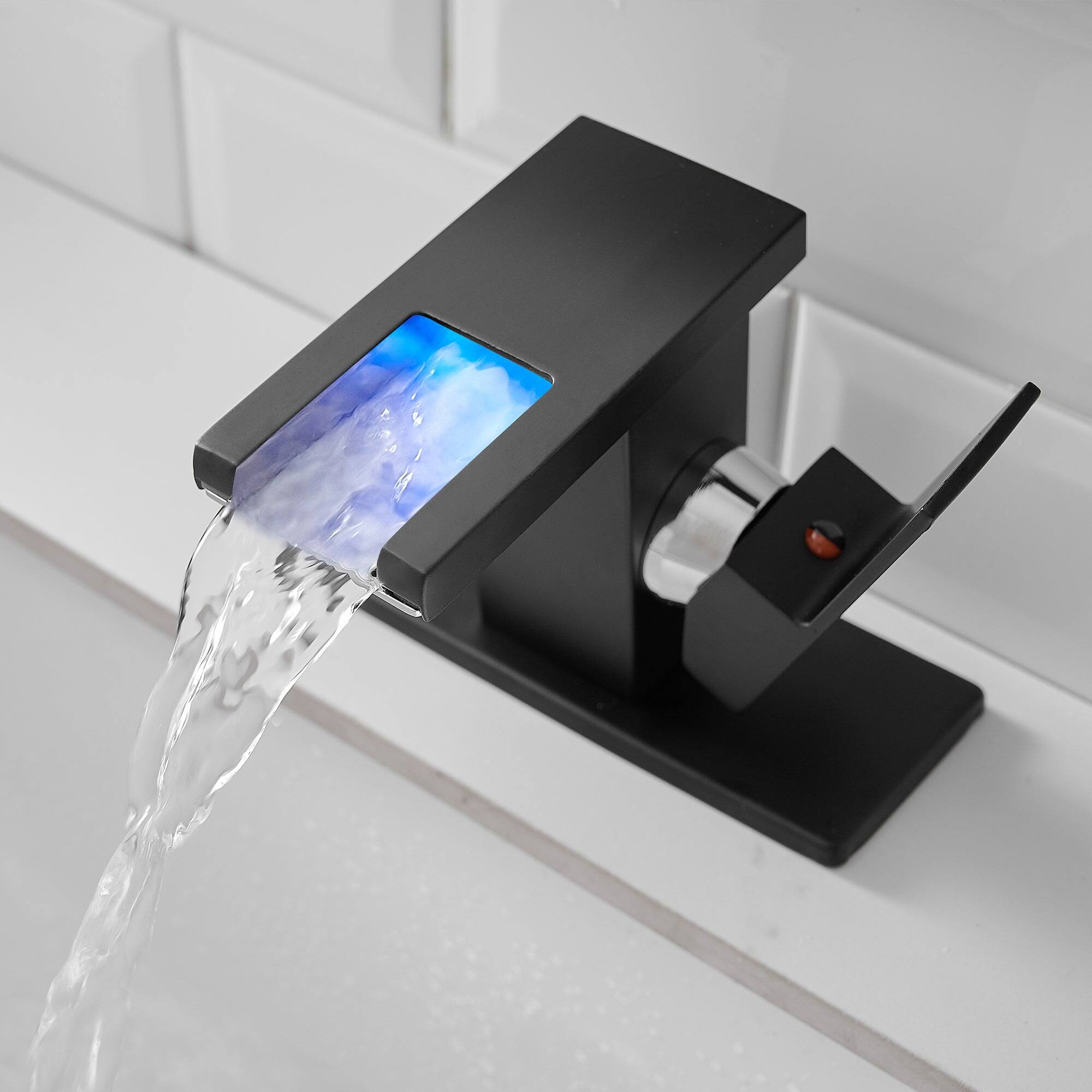 Back. Boyel Living - Single Handle Single Hole Bathroom Faucet Matte Black with Deck Plate LED Temperature Sensor Waterfall Spout - Matte Black.