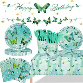 Dapper Styles - Birthday Decorations Party Supplies Plates And Napkins Tableware With Banner Tablecloth Cups Fork - butterfly