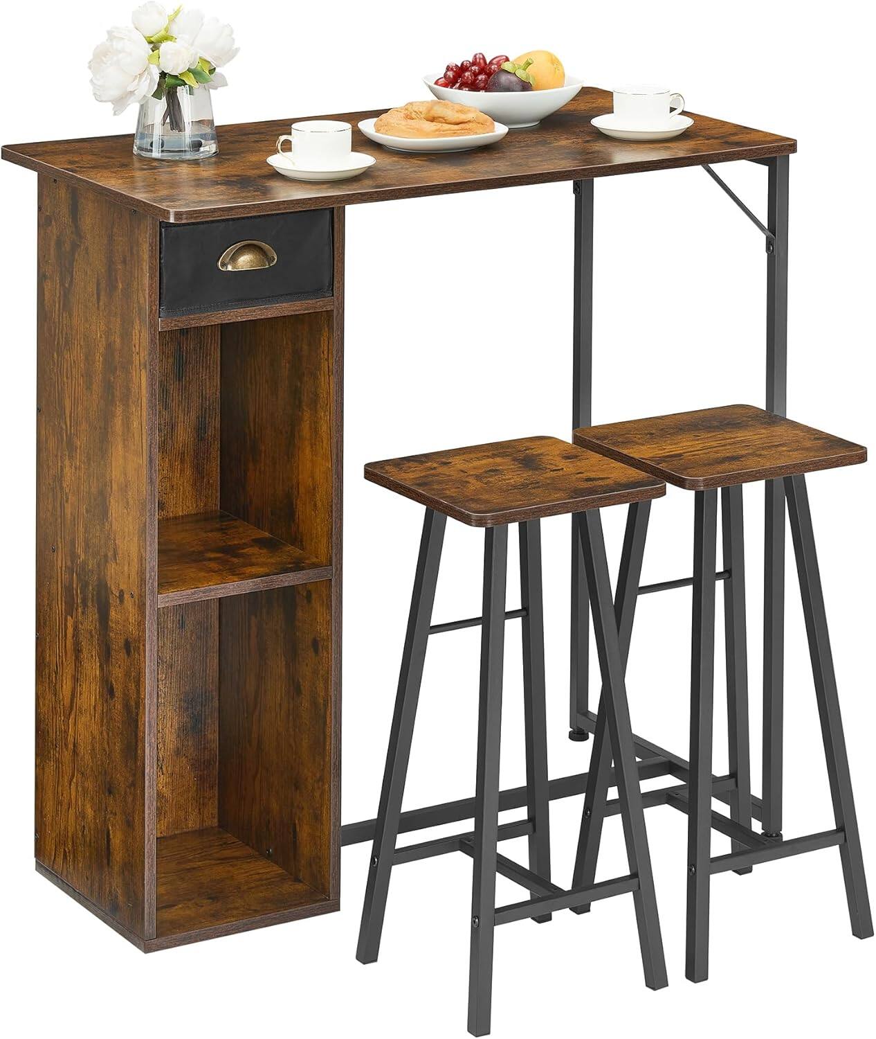 Front. Qeetex - 3-Piece Small Bar Table Set for 2 with Storage Drawer, Space-Saving for Kitchen, Apartment, Living Room - Retro.