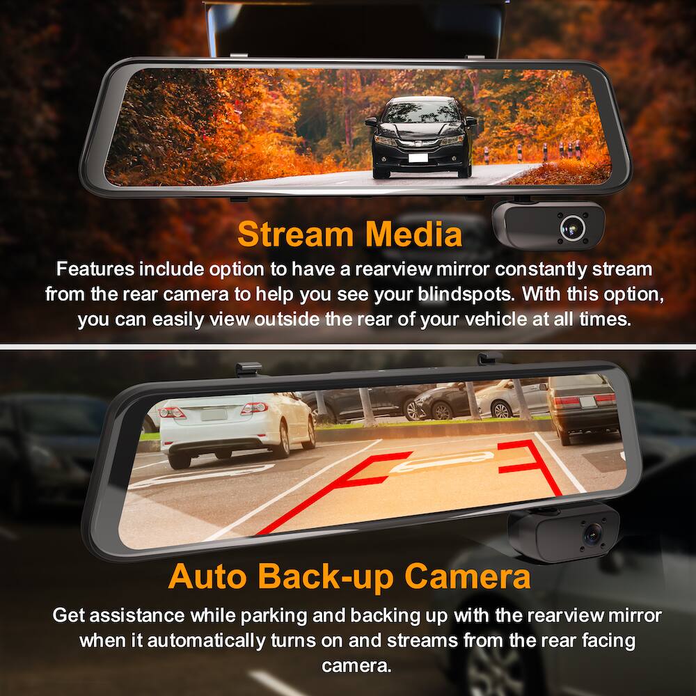 **Stream Media**

Features include an option to have a rearview mirror constantly stream from the rear camera to help you see your blindspots. With this option, you can easily view outside the rear of your vehicle at all times.

**Auto Back-up Camera**

Get assistance while parking and backing up with the rearview mirror when it automatically turns on and streams from the rear facing camera.