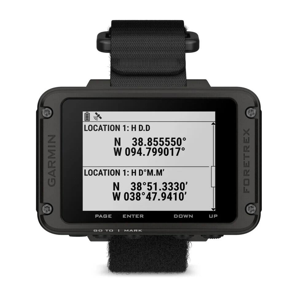 GARMIN FORETREX

LOCATION 1: H D.D  
N 38.855550°  
W 094.799017°

LOCATION 1: H D°M.M'  
N 38°51.3330'  
W 038°47.9410'

PAGE ENTER DOWN UP  
GO TO I MARK