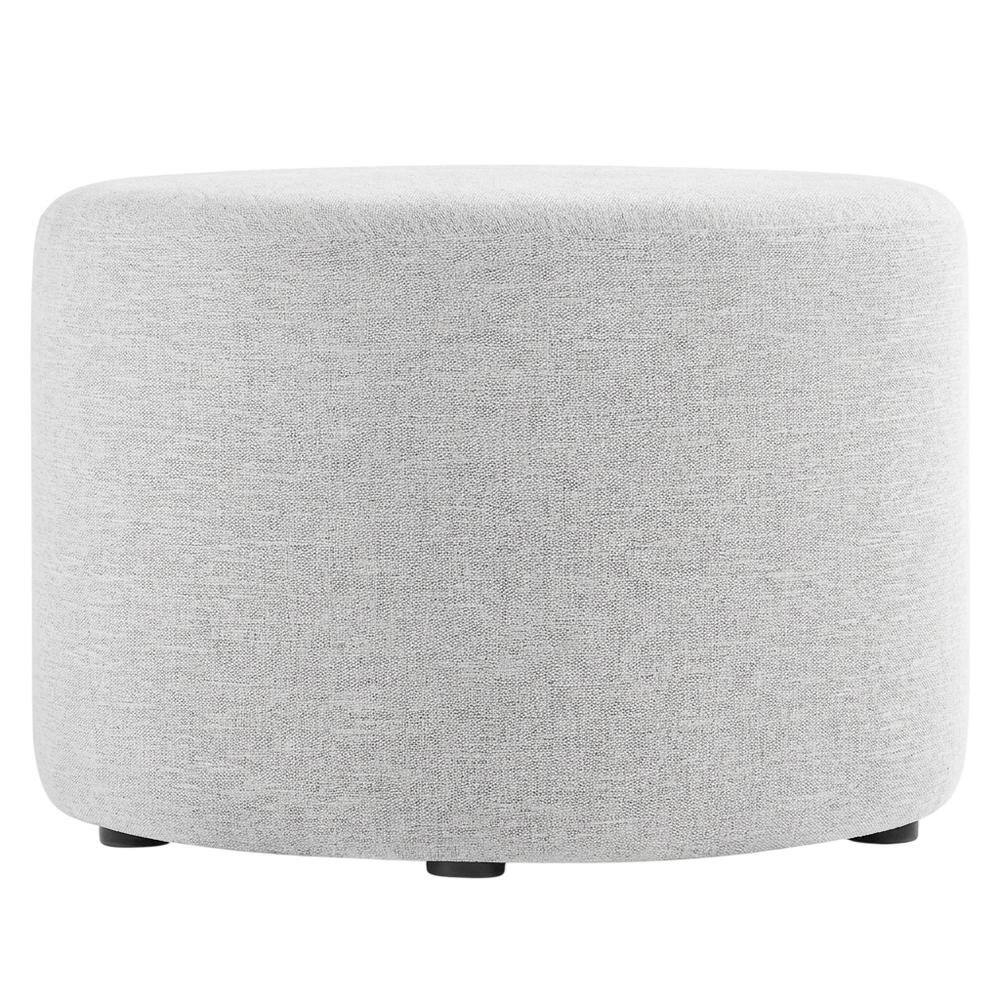 Back. Outdoor Escape - Round Heathered Fabric Upholstered Ottoman, neutral tones, comfortable seating - Gray.