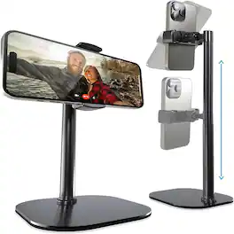 Schertz - Cell Phone Stand for Desk & Video Recording, 360° Rotating Metal Desktop Tripod Holder for iPhone, Samsung & Android (9– - Night Black