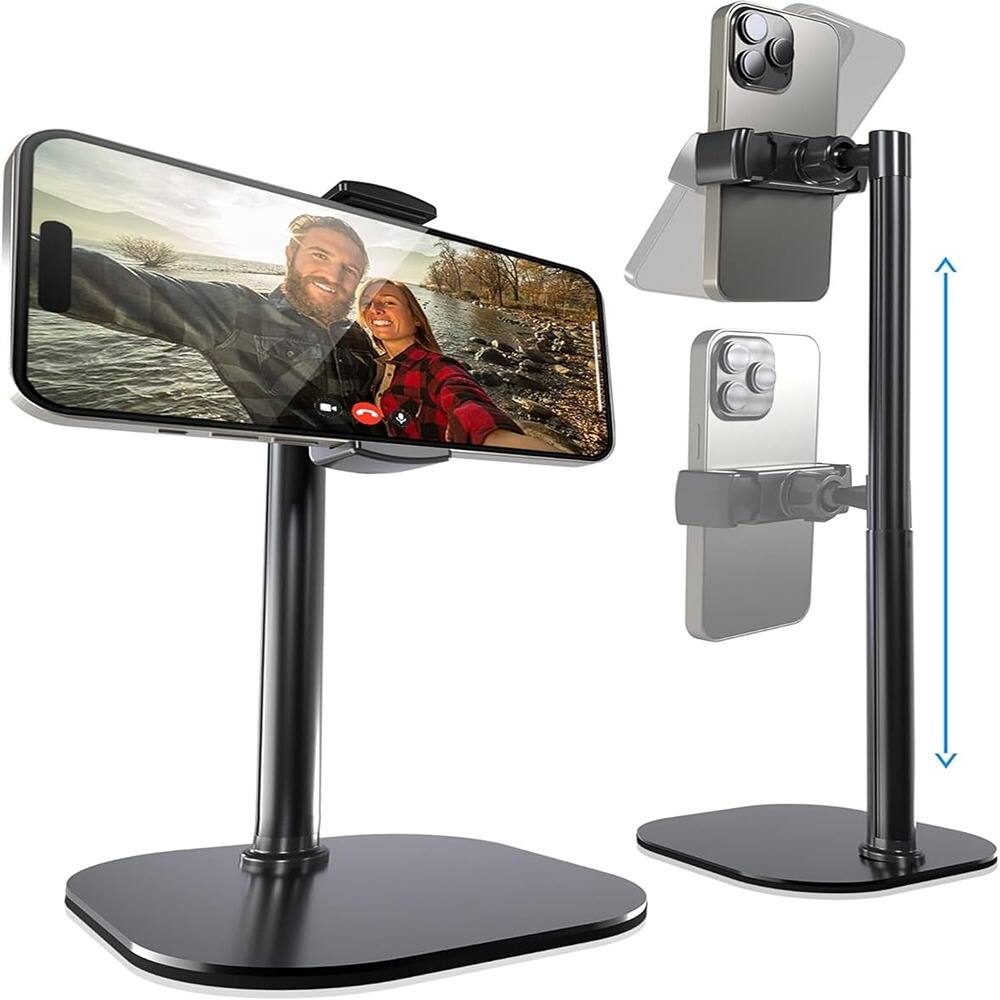 Front. Schertz - Cell Phone Stand for Desk & Video Recording, 360° Rotating Metal Desktop Tripod Holder for iPhone, Samsung & Android (9– - Night Black.