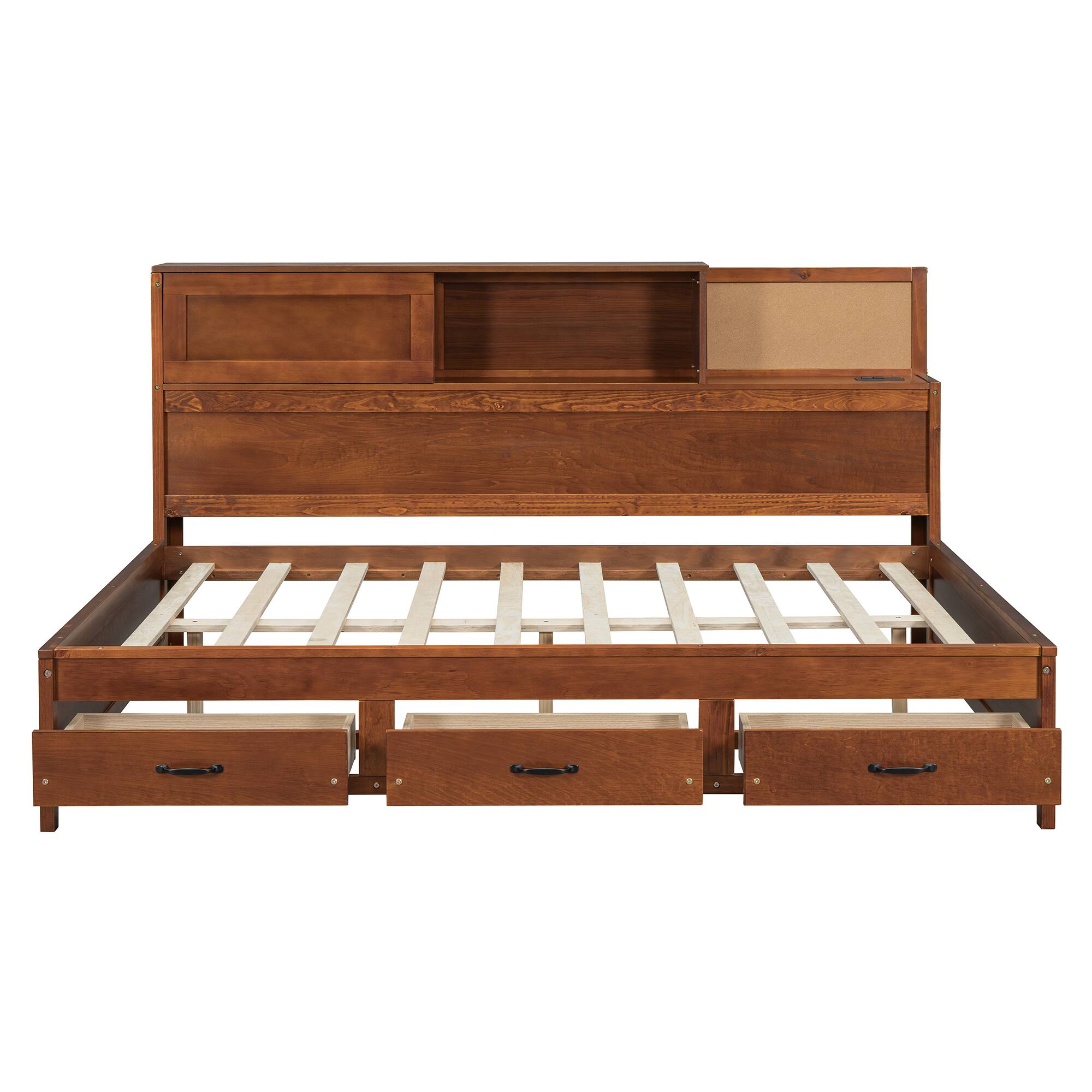 Back. Tiramisubest - Full Size Wooden Daybed with 3 Storage Drawers, Upper Soft Board, shelf, and a set of Sockets and USB Ports, Walnut - Walnut.
