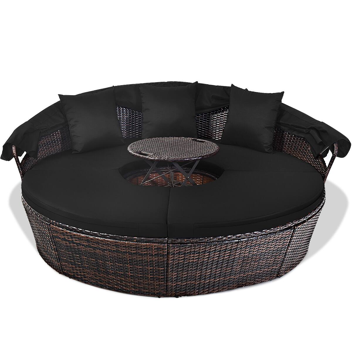 Alt View 5. Gymax - Gymax Cushioned Patio Rattan Round Daybed w/ Adjustable Table 3 Pillows Black - Black.
