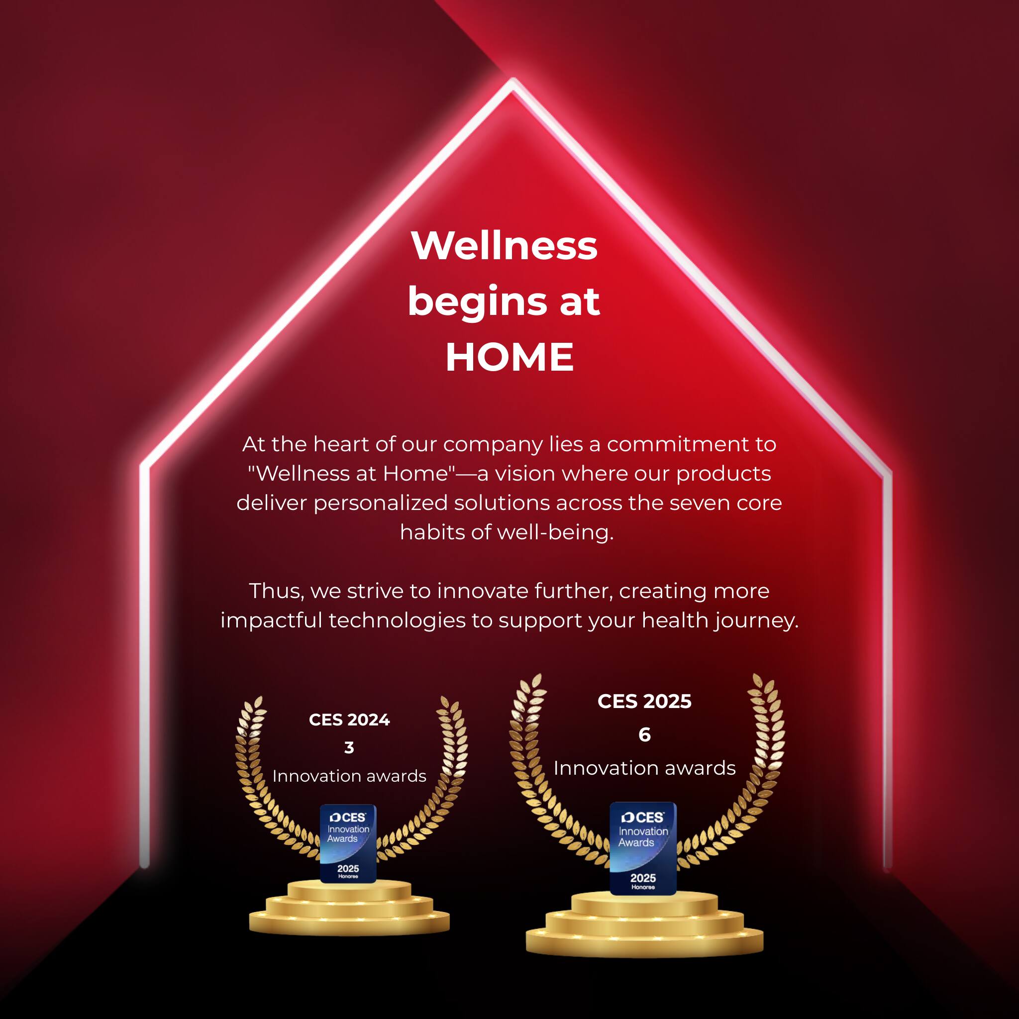 Wellness begins at HOME
At the heart of our company lies a commitment to "Wellness at Home"—a vision where our products deliver personalized solutions across the seven core habits of well-being. Thus, we strive to innovate further, creating more impactful technologies to support your health journey.
CES 2024 3 Innovation awards
CES 2025 6 Innovation awards
OCES innovation Awards 2025
OCES innovation Awards 2025