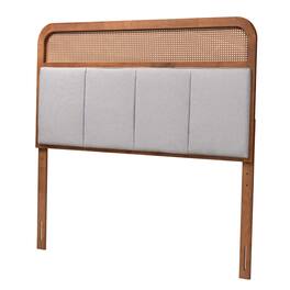 Baxton Studio - Esti Mid-Century Modern Fabric and Finished Wood Queen Size Headboard with Rattan - Light Grey/Ash Walnut