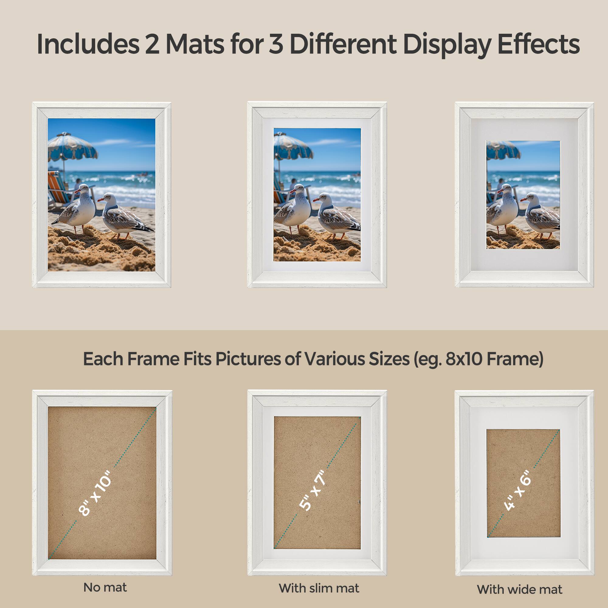 Includes 2 Mats for 3 Different Display Effects

Each Frame Fits Pictures of Various Sizes (eg. 8x10 Frame)

8"x10"
5"x7"
4"x6"

No mat
With slim mat
With wide mat