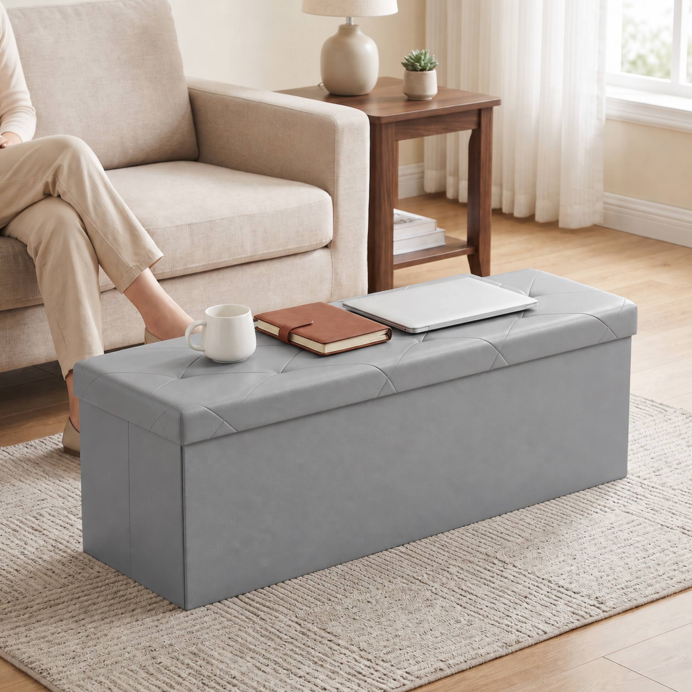 Alt View 1. Sweetcrispy - 43-in Foldable Storage Bench, Bedside Ottoman with Storage and Cushioned Seat, Faux Leather Foot Rest Stool - Gray.
