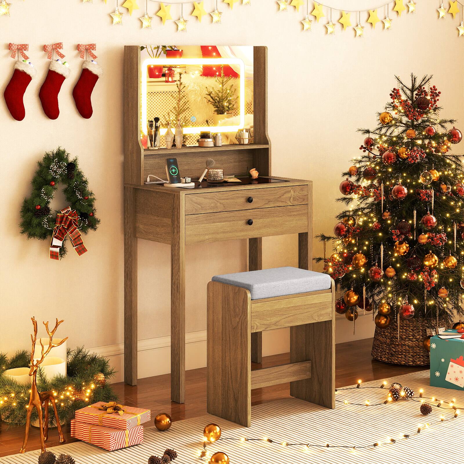 Alt View 4. Gymax - Gymax Small Vanity Desk Makeup Table & Padded Stool Set w/ Charging Station Natural - Yellow.