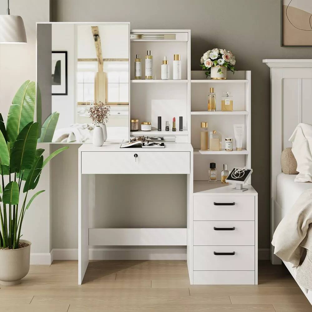 Alt View 3. Sugift - Makeup Vanity Desk with Sliding Mirror and 4 Drawers Dressing Table - White.